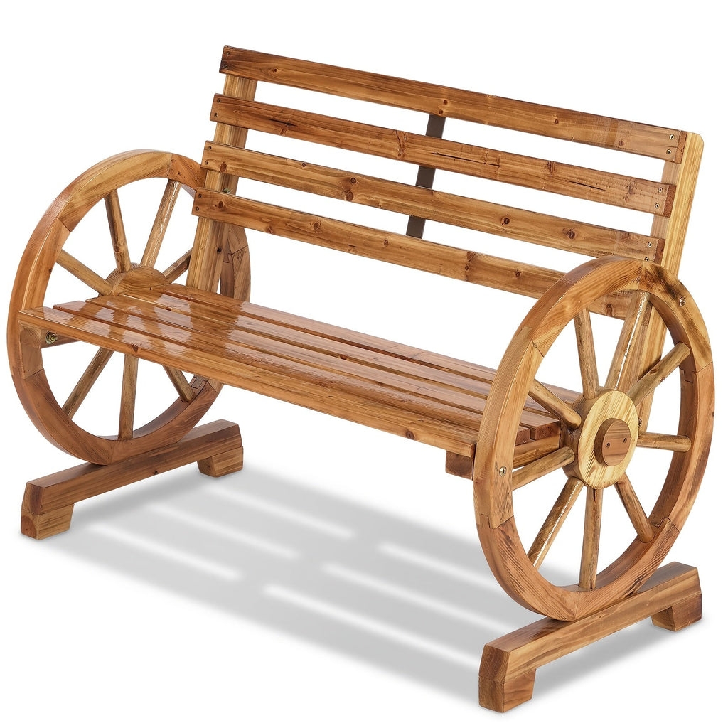 2-Person Outdoor Wooden Wagon Wheel Bench, Solid Poplar Wood Slatted Seat & Backrest, Rustic Brown Patio Bench for Garden Poolside Porch Camping Family Gatherings, Unique Farmhouse Outdoor Furniture