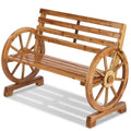 2-Person Outdoor Wooden Wagon Wheel Bench, Solid Poplar Wood Slatted Seat & Backrest, Rustic Brown Patio Bench for Garden Poolside Porch Camping Family Gatherings, Unique Farmhouse Outdoor Furniture