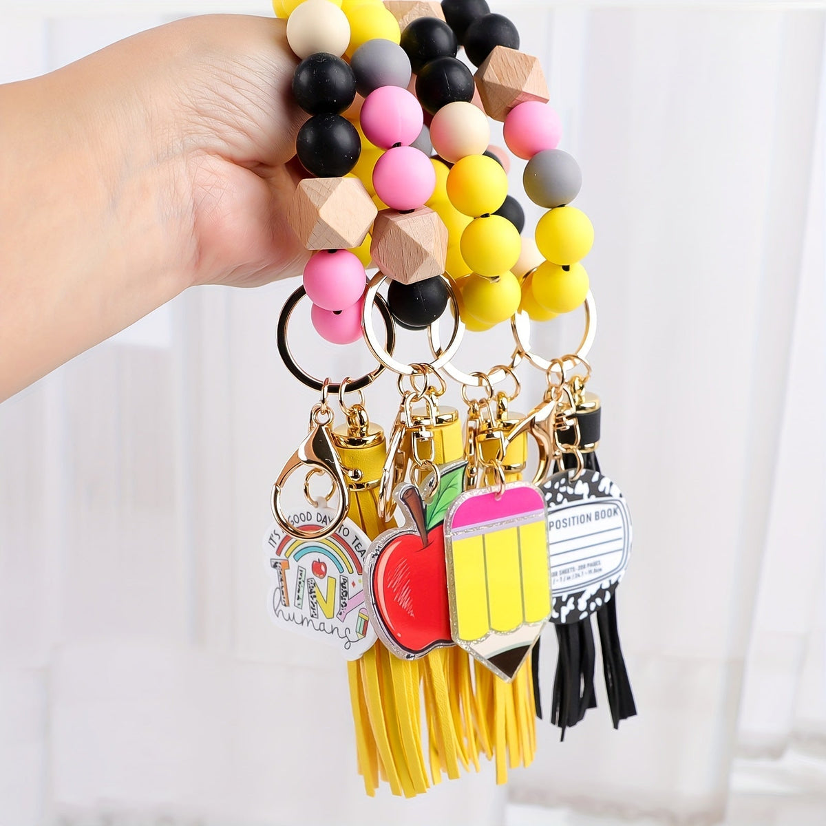 4-Piece Teacher Beaded Keychain Gift Set – Handmade Pencil, Apple, Notebook, and TEACH Charm Keychains with Lobster Clasp, Perfect for Teacher's Day, Graduation, Back to School, or Bag Decoration