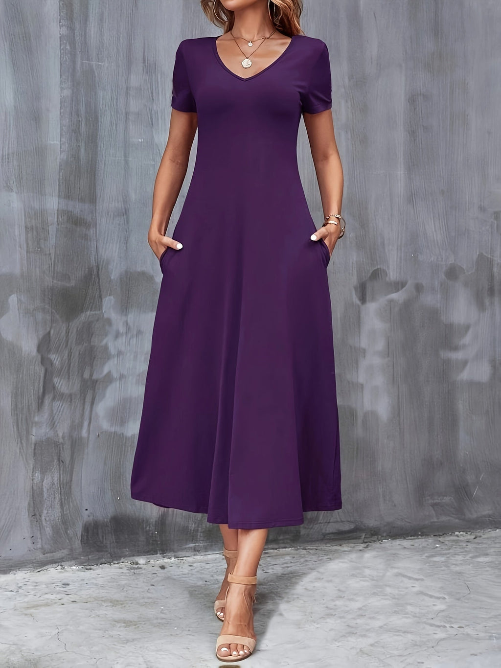 V-Neck A-Line Dress with Pockets, Women's Short Sleeve Casual Solid Color Knit Stretch, Machine Washable, Blue, Black, Navy, Burgundy, Olive, Dark Green, S, M, L, XL, XXL