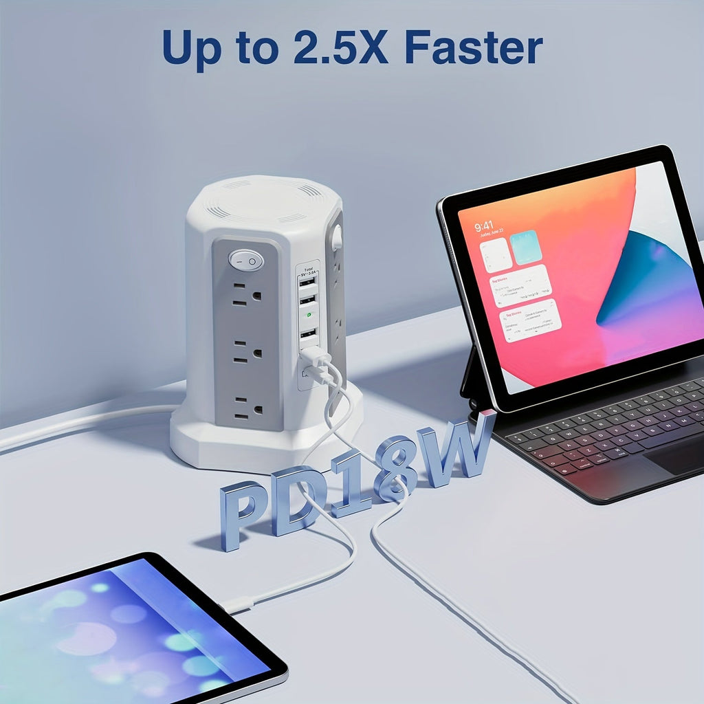 Power Strip Tower, 16 AC Outlets, 5 USB Ports, USB-C PD 20W, 1500J Surge Protector, Flat Plug Desktop Extension Cord