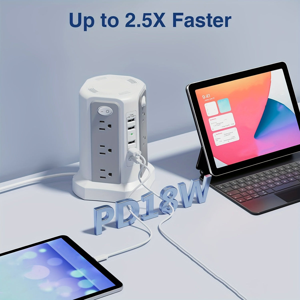 Power Strip Tower, 16 AC Outlets, 5 USB Ports, USB-C PD 20W, 1500J Surge Protector, Flat Plug Desktop Extension Cord