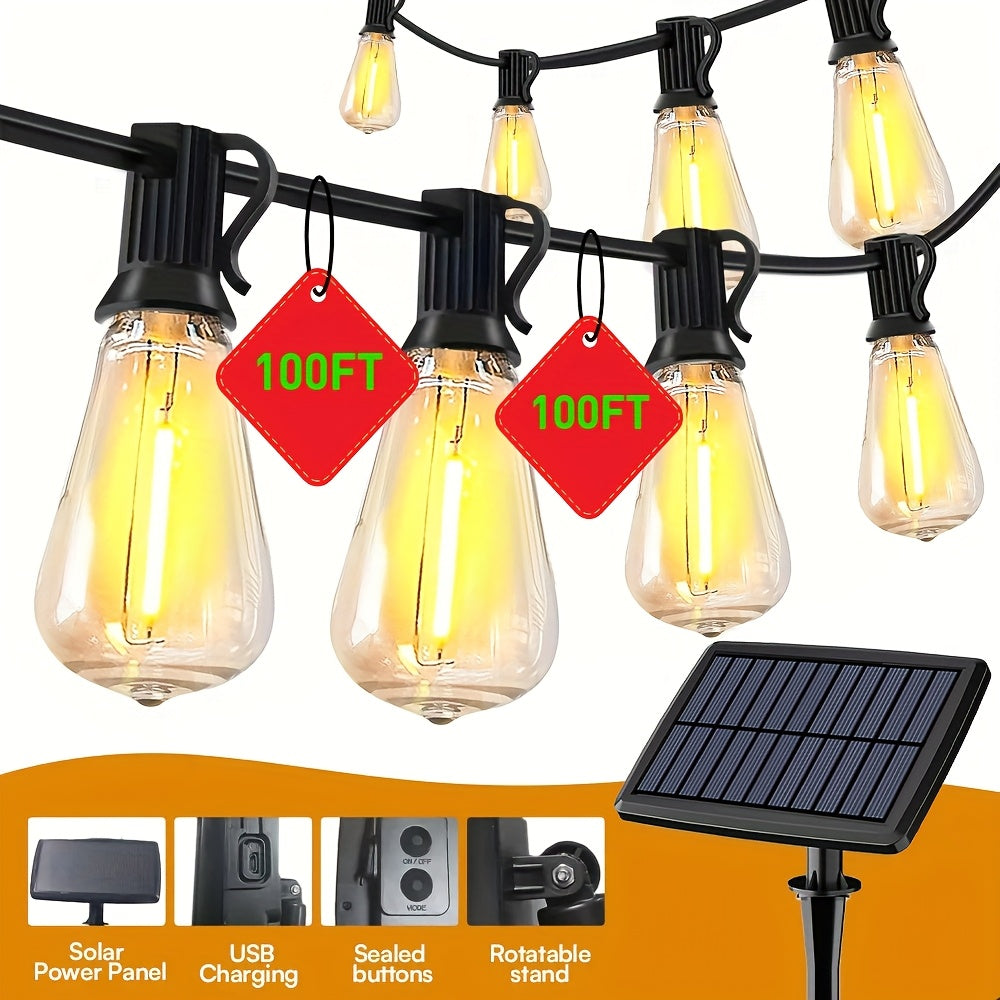 Solar LED String Lights Outdoor Waterproof 50FT & 100FT – ST38 Shatterproof Dimmable Bulbs, USB-C & Solar Powered, 4 Modes, for Patio, Yard, Pool, Garden, Wedding, Camping, and Christmas Decor