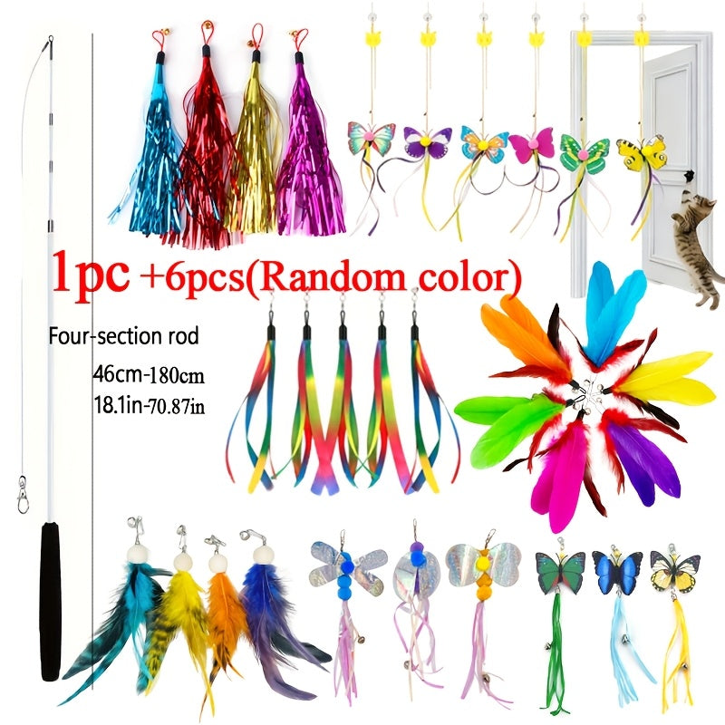 Telescopic Feather Cat Wand Toy with Interchangeable Heads - Artificial Feather Interactive Cat Toy, 3 or 4-Section Extendable Pole with 3/6/9 Random Replacement Heads, No Battery Required