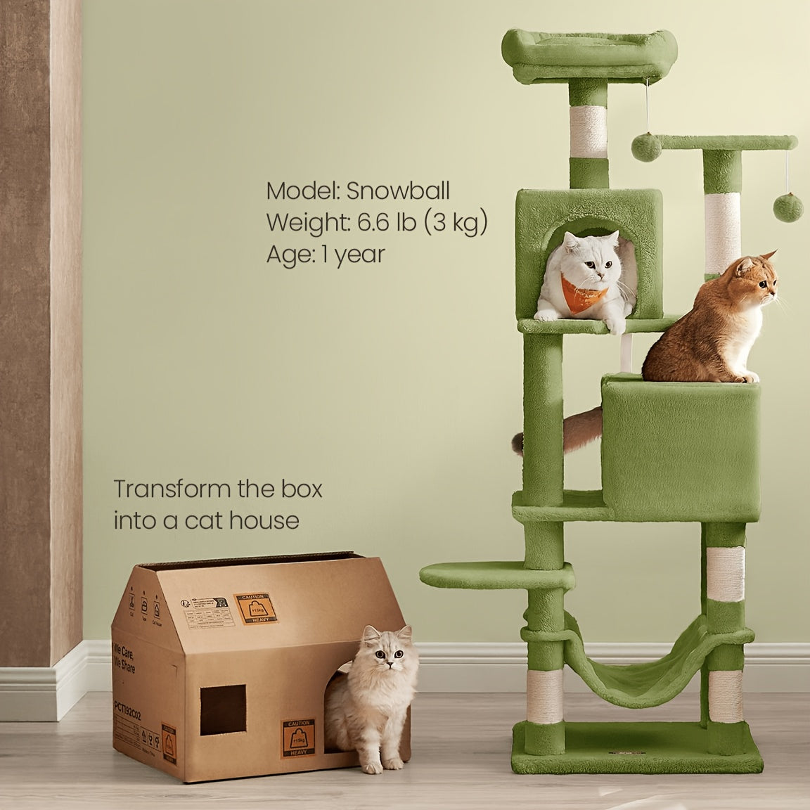 61-Inch Multi-Level Cat Tree Tower – Plush Cat Condo with 5 Scratching Posts 2 Perches 2 Caves Hammock & Pompoms for Indoor Cats in 7 Colors