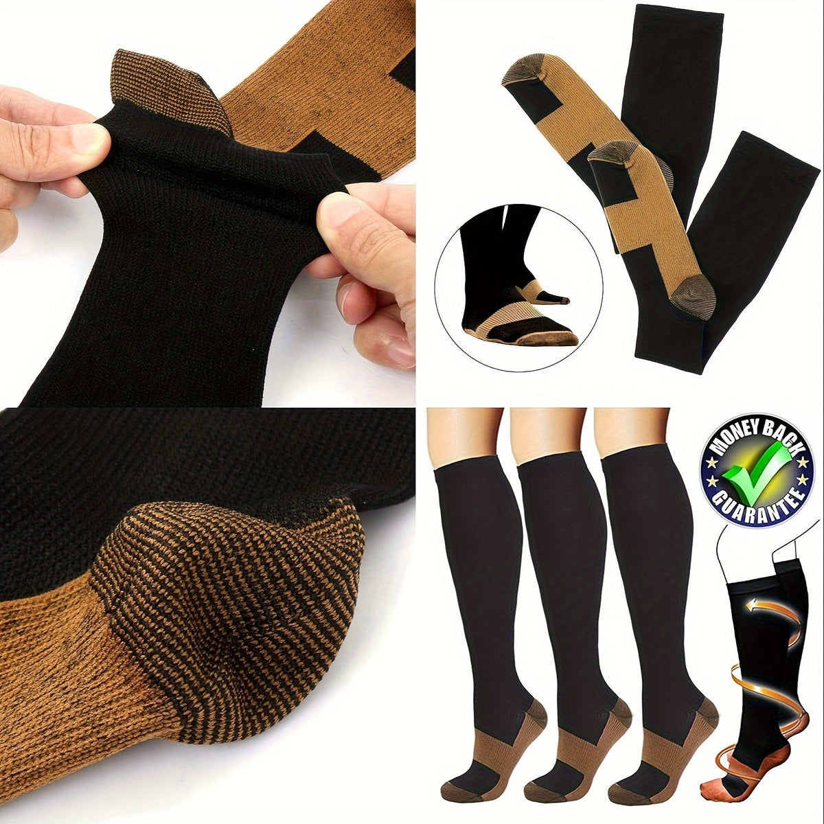 5 Pairs Copper Compression Socks for Women & Men – Black Athletic Support Socks for Running, Hiking, Cycling, and Travel, Sizes M-XL, Circulation & Pain Relief Compression Stockings