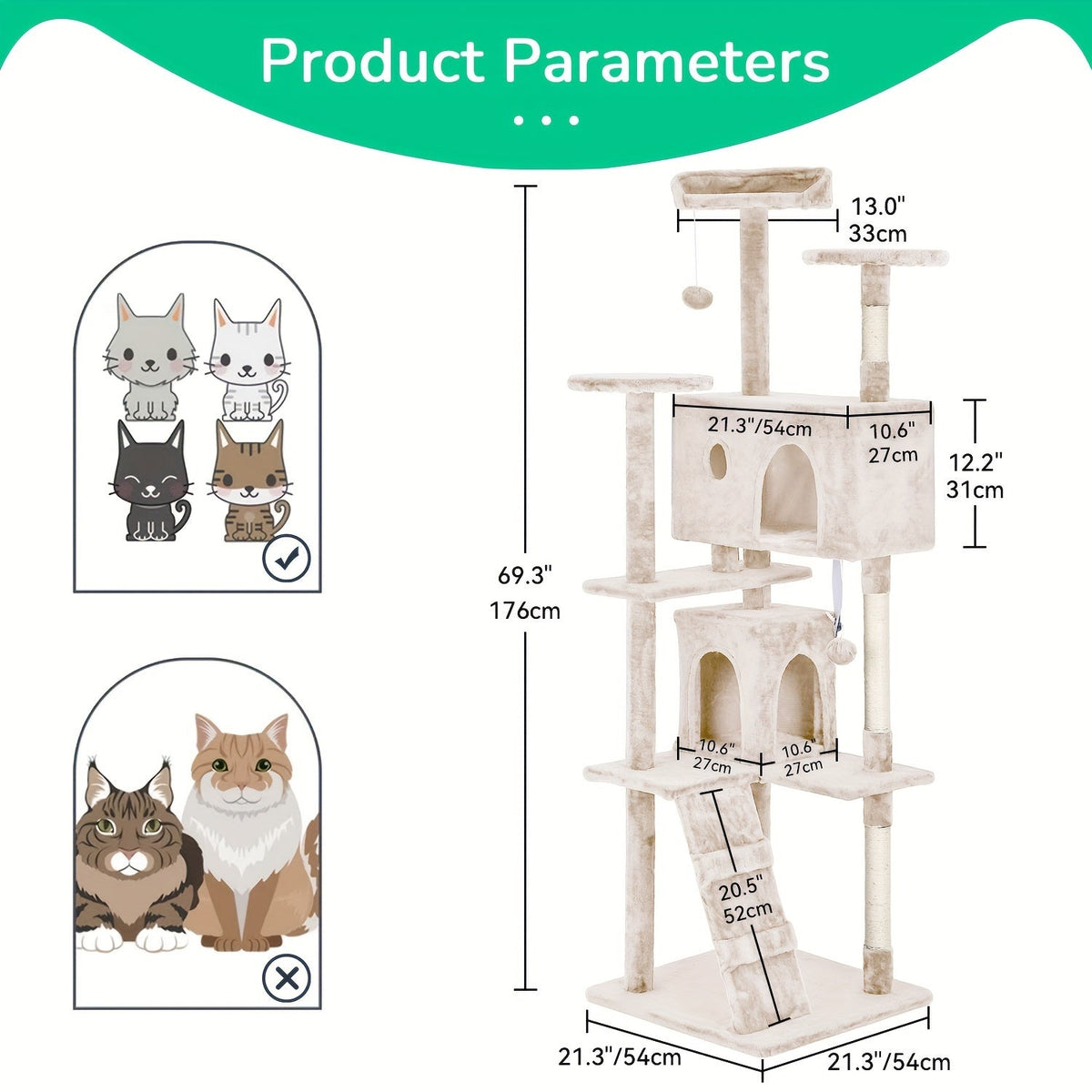 Multi-Level Cat Tree Tower with Scratching Post, Perches & Plush Apartments – Space-Saving Indoor Cat Climbing Frame & Activity Center, Heights 36–80 Inches, 6 Colors