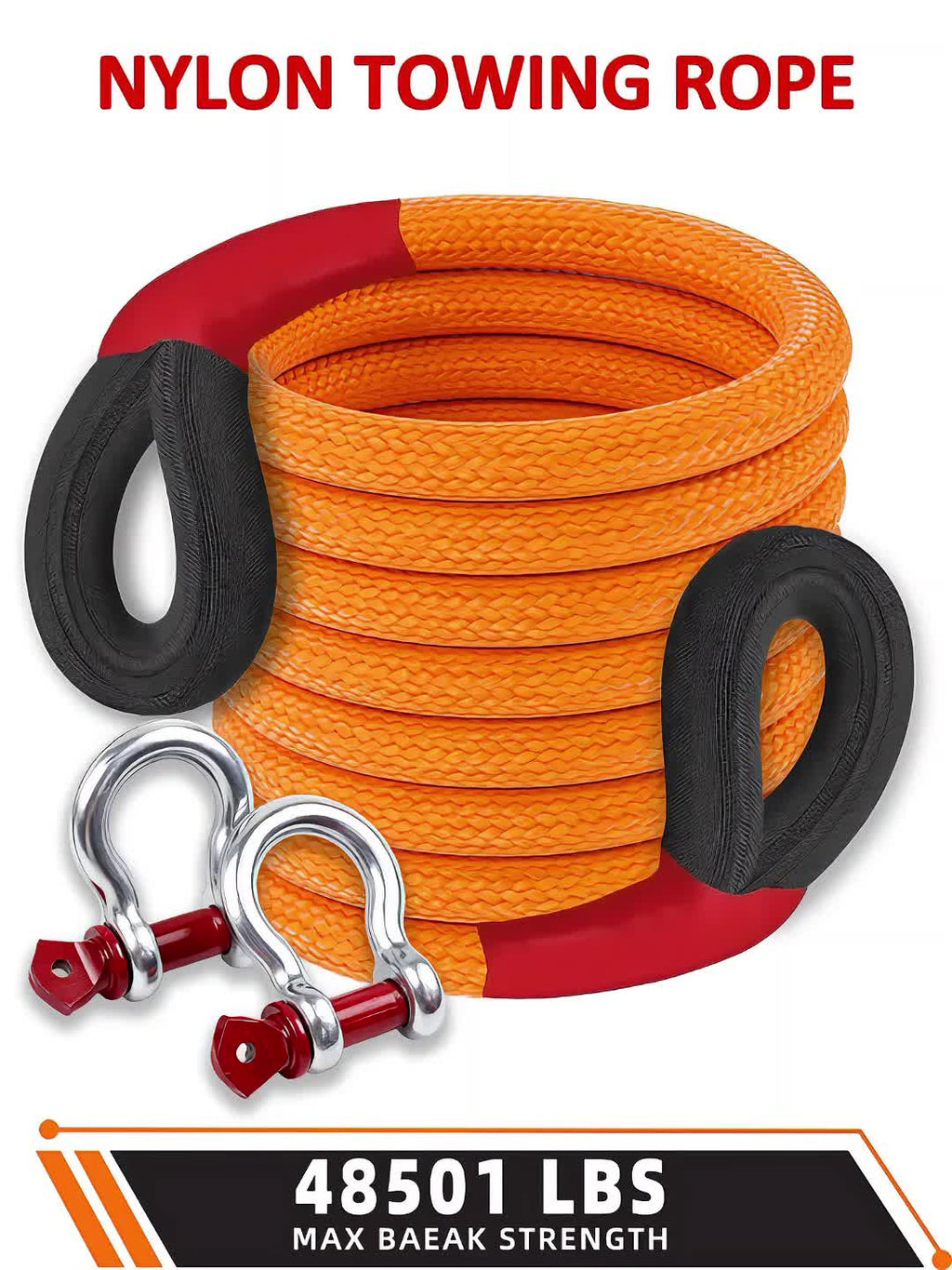 Kinetic Recovery Rope 22 Ton 48,501 lbs – Heavy Duty Nylon Tow Rope with Bow Shackles & Storage Bag for Truck, SUV, UTV, ATV, and Off-Road Emergency Rescue