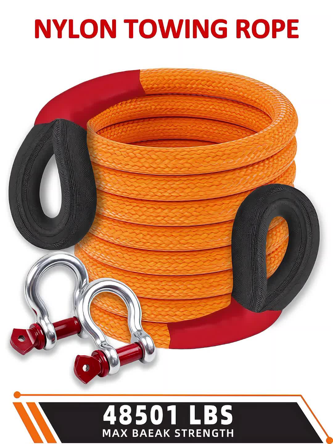Kinetic Recovery Rope 22 Ton 48,501 lbs – Heavy Duty Nylon Tow Rope with Bow Shackles & Storage Bag for Truck, SUV, UTV, ATV, and Off-Road Emergency Rescue