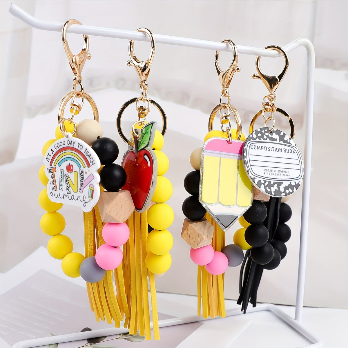 4-Piece Teacher Beaded Keychain Gift Set – Handmade Pencil, Apple, Notebook, and TEACH Charm Keychains with Lobster Clasp, Perfect for Teacher's Day, Graduation, Back to School, or Bag Decoration
