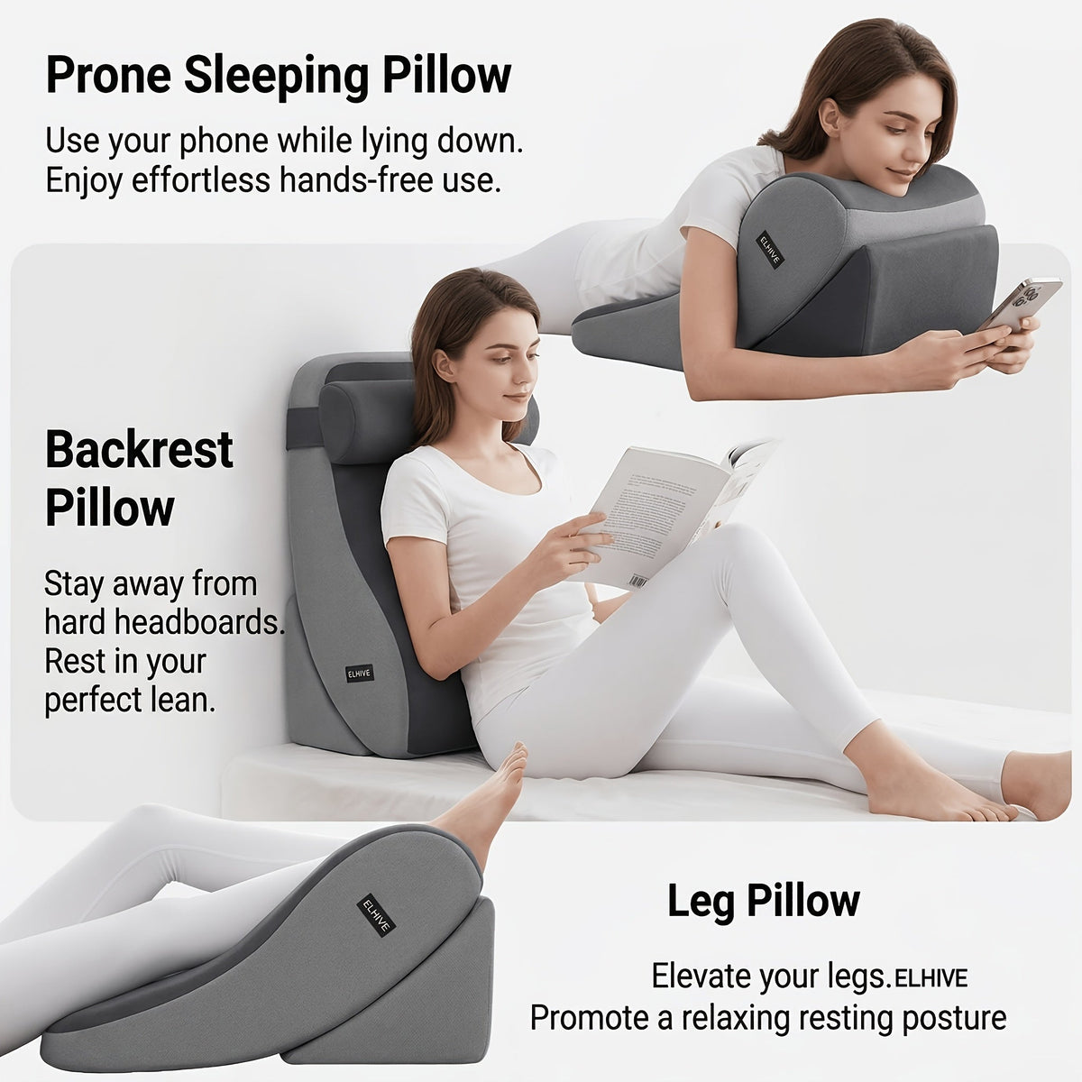 Contoured Backrest Support Pillow for Bed - 3-Level Adjustable Reading Wedge, Memory Foam, Side Wraparound Support, Ergonomic for Shoulder, Waist & Pelvis - Reading, Gaming & Dorm