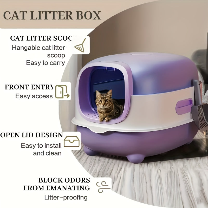 Covered Cat Litter Box with Scoop – Spacious Fully Enclosed Spill-Proof Design, Easy to Clean & Store, Ideal for Small to Medium Cats, Available in Gray, Purple & Blue