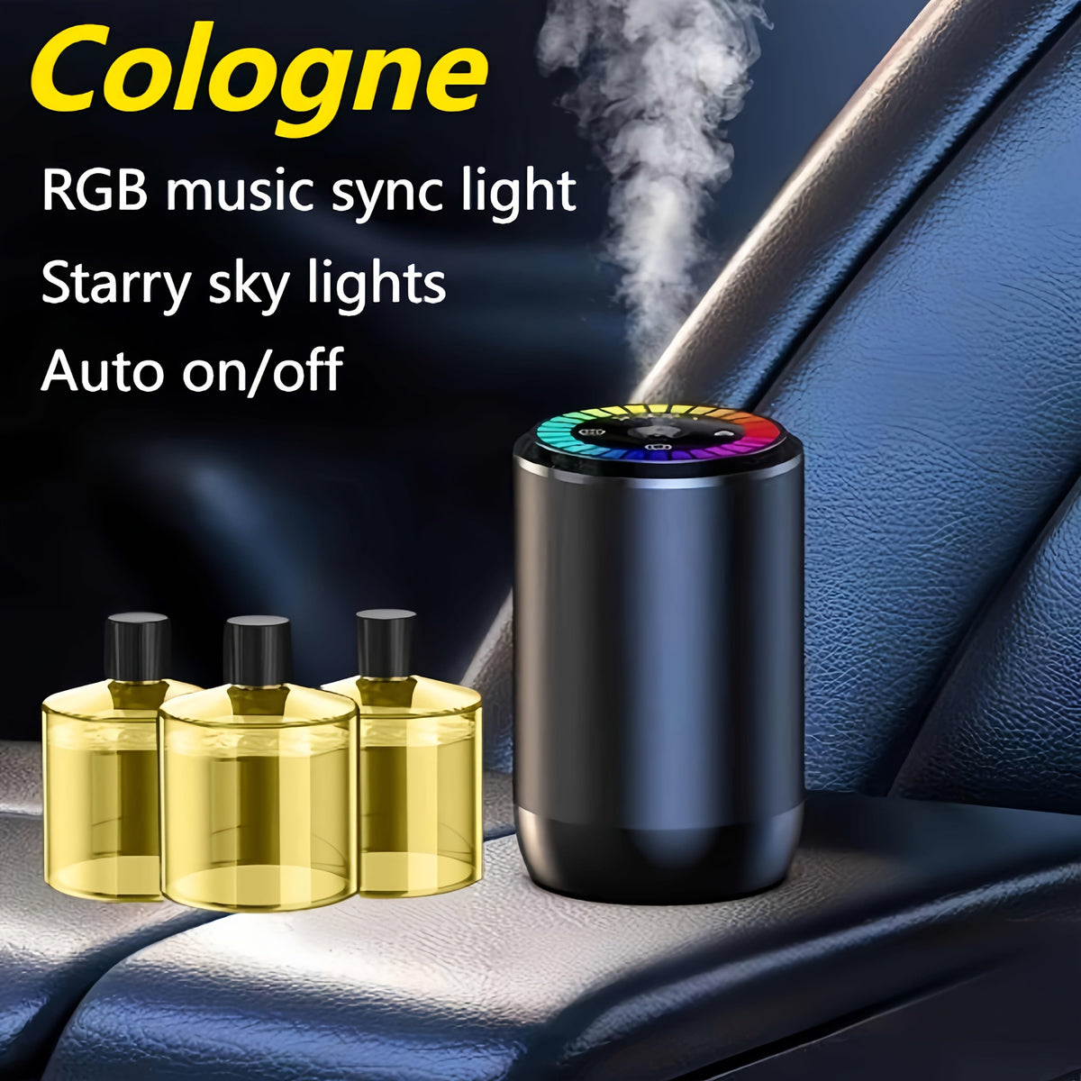 Smart Car Air Freshener Aromatherapy Diffuser with Starry Sky Light Show, USB Rechargeable, Adjustable Fragrance – Natural French Essential Oil (Gardenia, Ocean, Lavender, Cologne) Car Gift