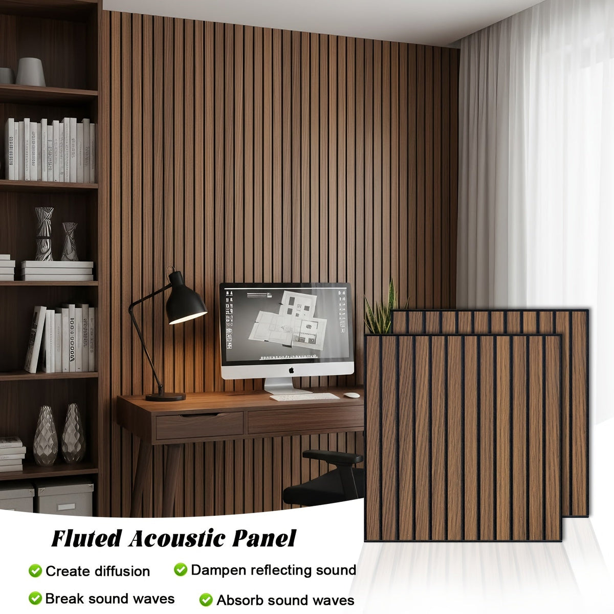 Polyester Fiber Acoustic Panels 4 Pack 23.6x23.6 Inch 3D Grooved PVC Film Fireproof Sound Absorbing Wall Panels for Bedroom Living Room Recording Studio Cinema Conference Room Wood Oak Walnut