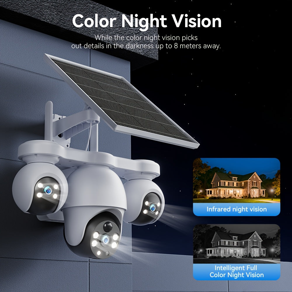 Solar-Powered Outdoor Security Camera, Triple Lens 8MP UHD, 360° Rotation, Color Night Vision, Motion Detection, Two-Way Audio, Wi-Fi / 4G LTE, Cloud & Local Storage, Detachable Solar Panel (SD Card Not Included)