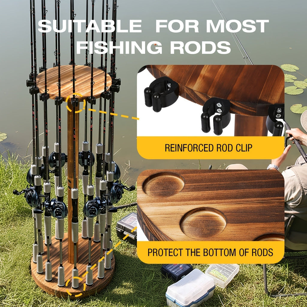 Circular Wooden Fishing Rod Rack Holds 16 Rods, Space-Saving Fishing Pole Organizer for Garage, Shed, Man Cave – 360° Rotating & Fixed Options, Sturdy Wood Construction, Fisherman Gift
