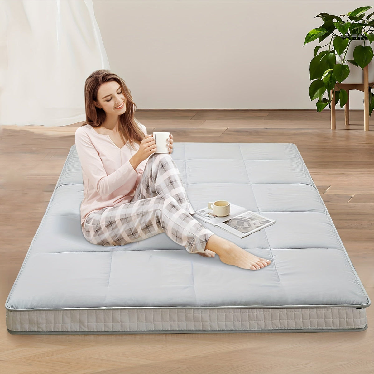 Japanese Floor Mattress Futon Twin Full Queen, Foldable Roll Up Tatami Sleeping Mat, Portable Floor Lounger Guest Bed for Camping & Couch, 4 Inch Thick, Black Gray