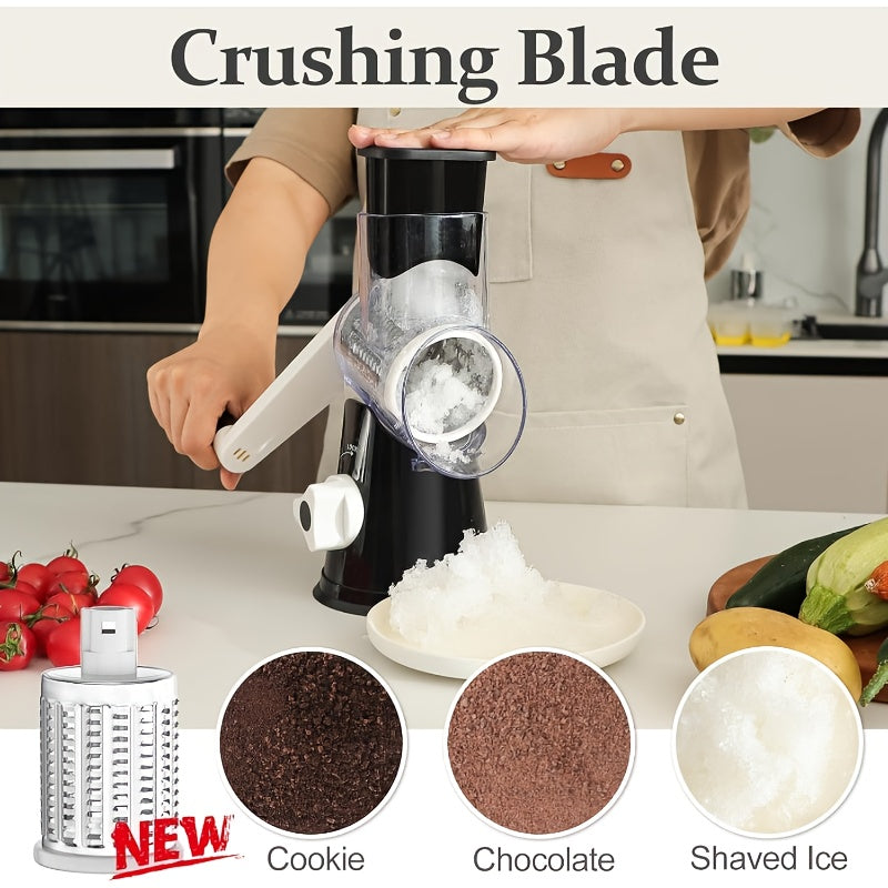 手摇旋转式芝士刨丝器，配有3个可更换刀片——防滑吸盘底座，附赠清洁刷，适用于刨新鲜芝士、蔬菜和坚果，厨房工具好礼