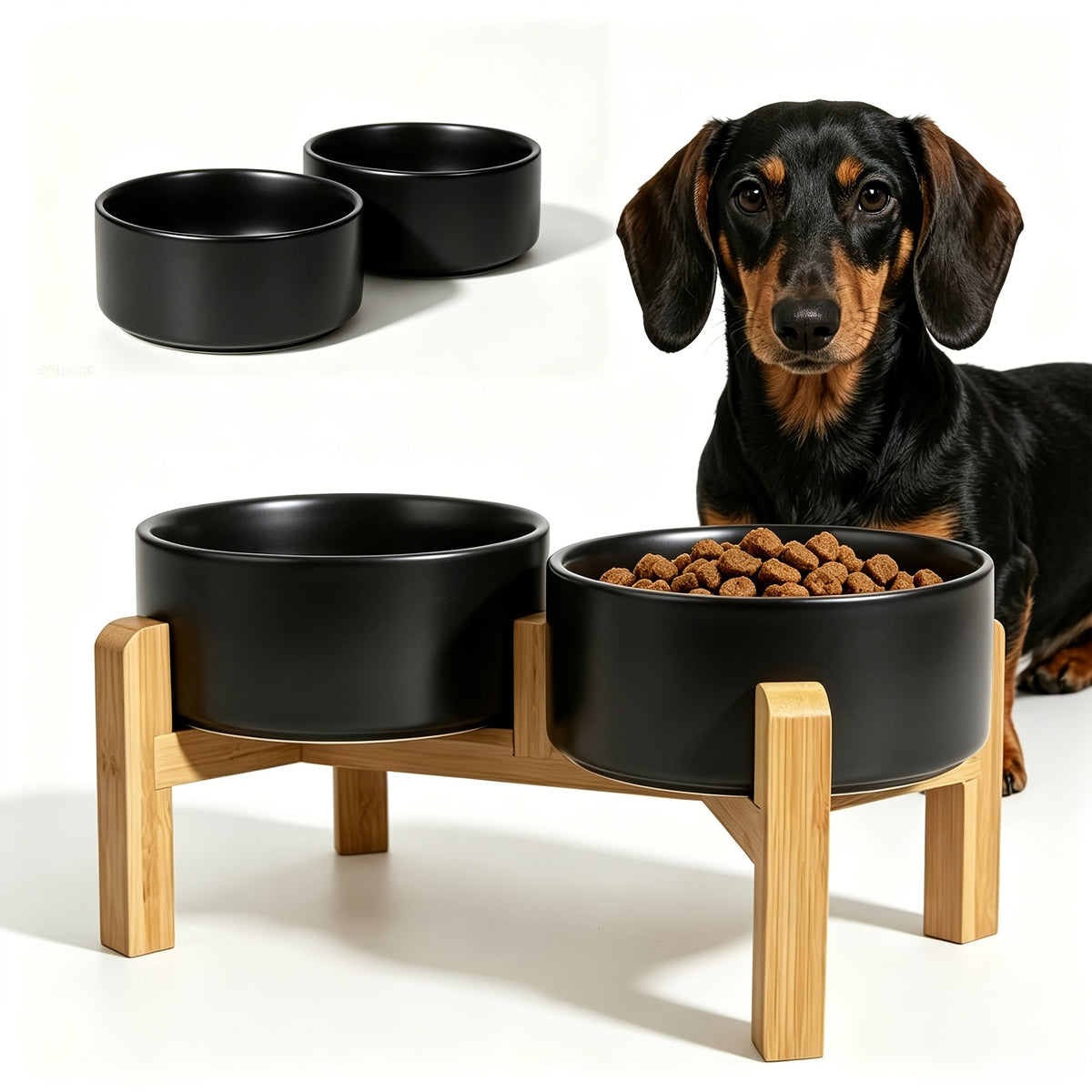 Elevated Ceramic Dog Bowl Set with Bamboo Stand - Raised Double Dog Bowls 28.74oz Non-Slip Feeder for Dogs, Cats & Puppies, Adjustable Height Slow Feed Dog Food Bowl with Storage (4 Colors)
