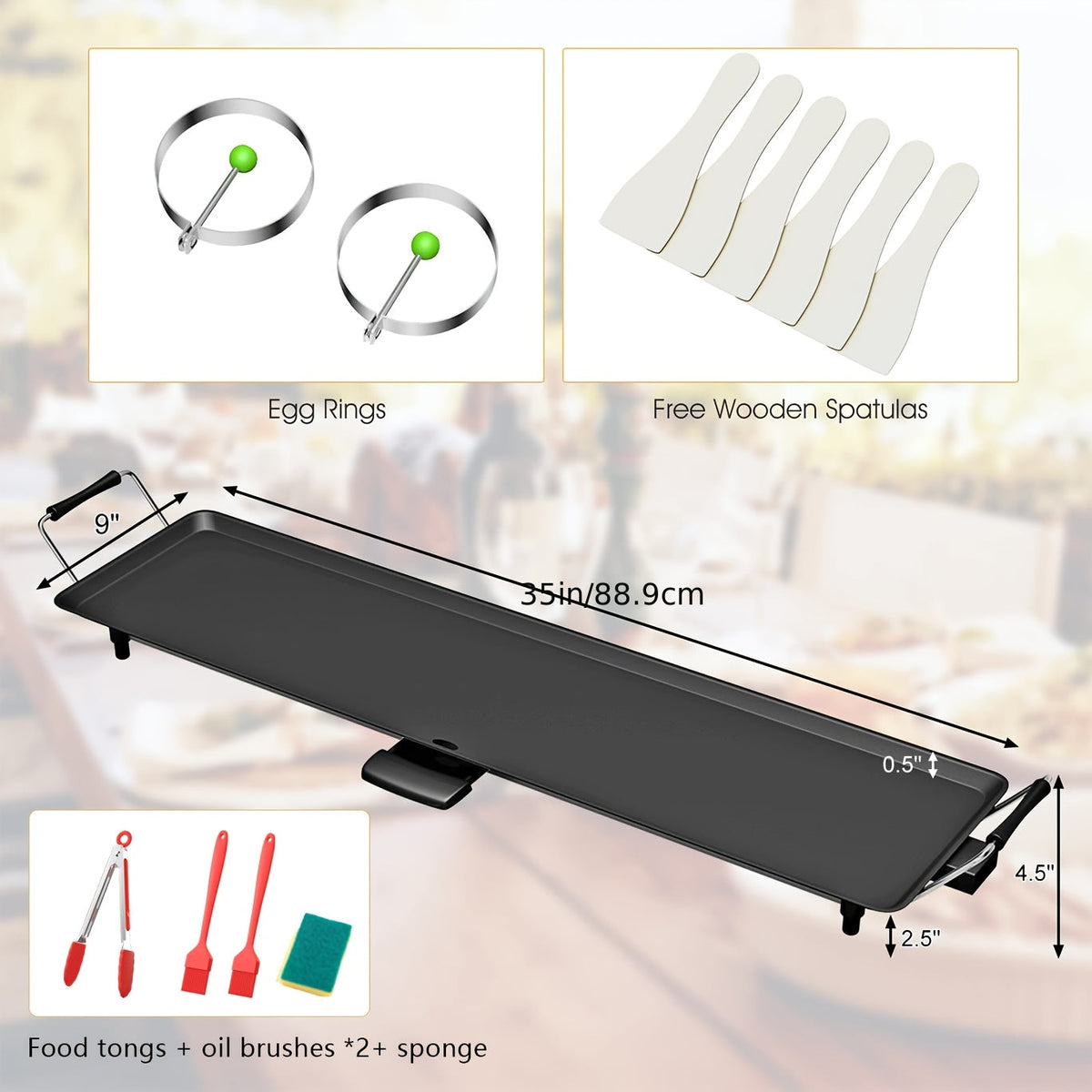 35-Inch Nonstick Electric Grill & Iron Plate BBQ Rack – Adjustable Temperature Drip Tray Long Countertop Grill for Indoor & Outdoor Pancake Baking with Luxury Gift Package