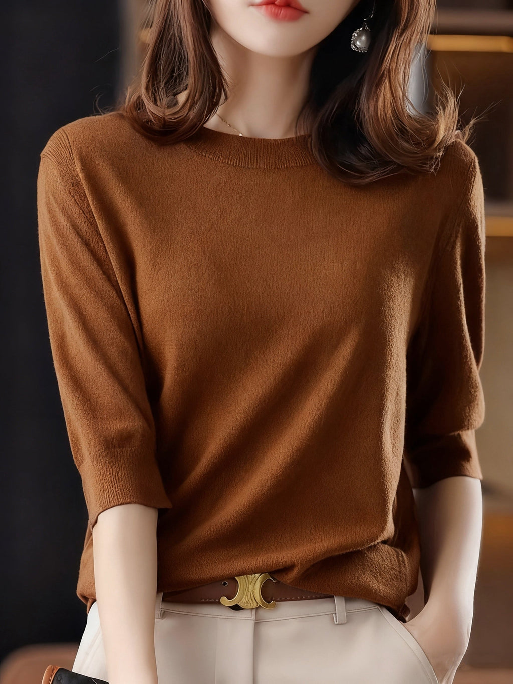 Women's Ribbed Knit Crew Neck Three-Quarter Sleeve Pullover Sweater – Vintage Elegant Stretchy Soft Fabric Spring Autumn Long Sleeve Blouse S-XXL