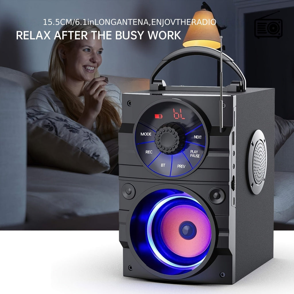 Portable Wireless Party Speaker with Subwoofer Heavy Bass Bluetooth FM Radio Remote Control LCD Display for Indoor Outdoor Home Phone & PC – Black