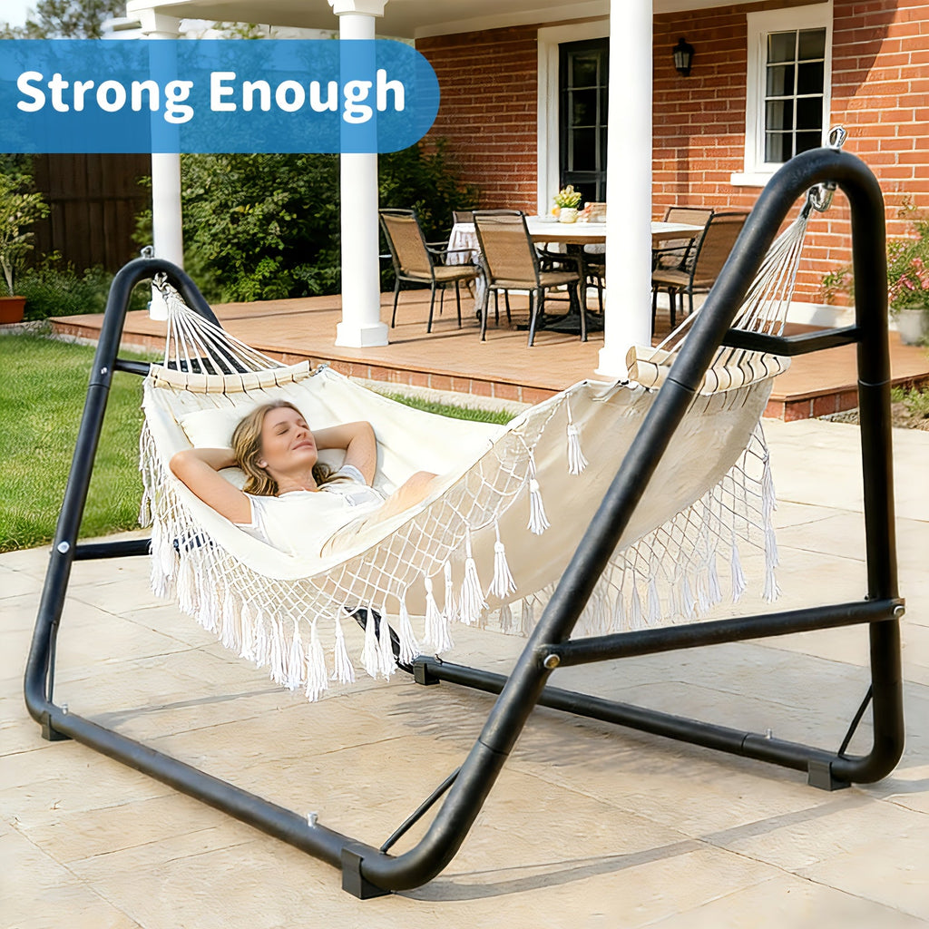Outdoor Hammock with Sturdy Stand 600lb Capacity Anti-Rollover Safety Design for Backyard Patio Garden & Camping – Available in White & Grey