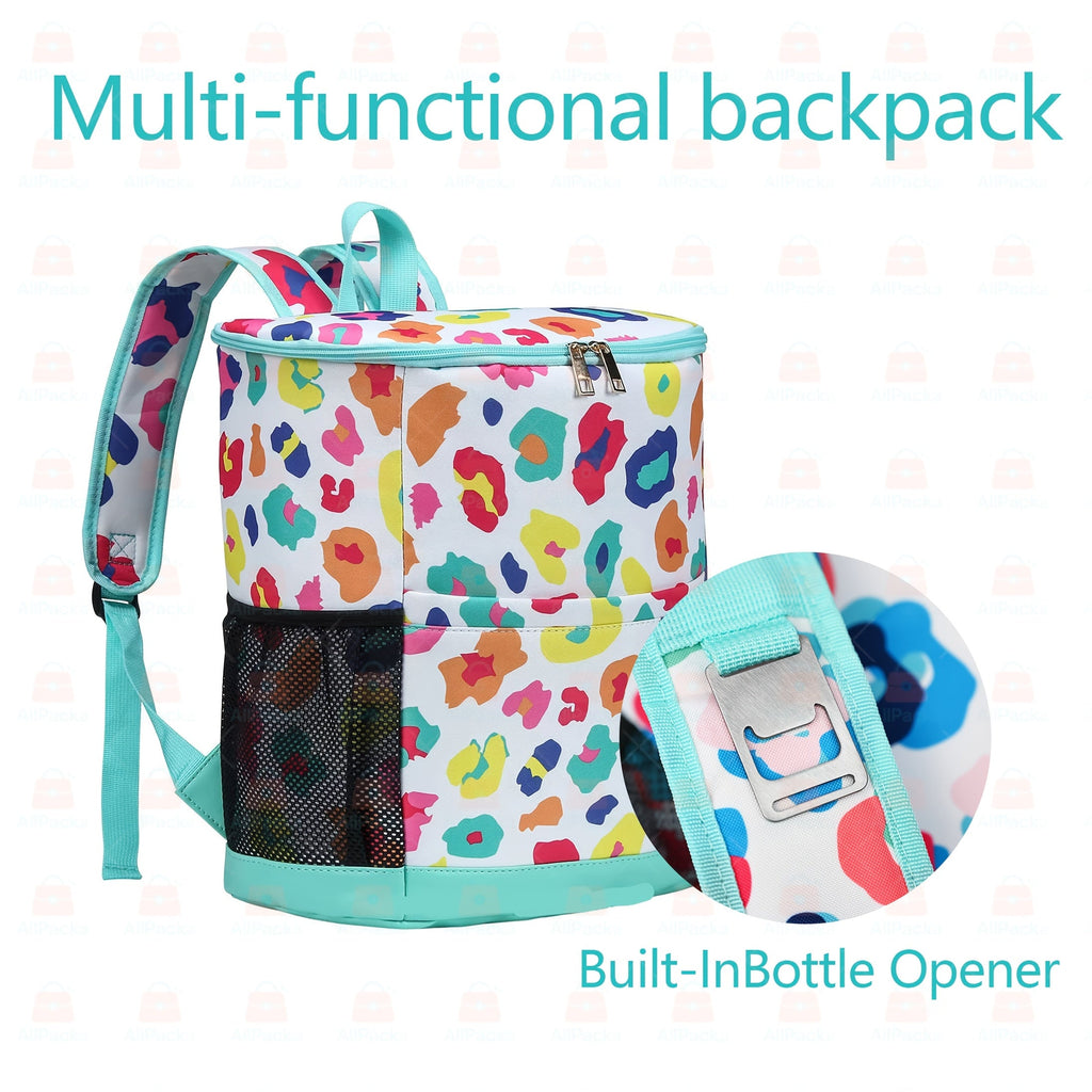 Insulated Cooler Backpack 30-Can Leopard Print with Mesh Pockets & Adjustable Straps - Leakproof Nylon Cooler Bag for Beach, Camping, Picnic, Hiking, Travel, and Daily Use