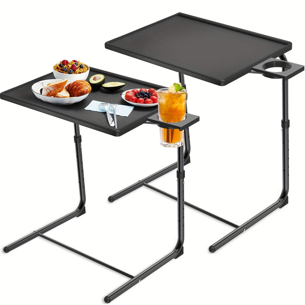 Set of 2 Adjustable TV Tray Tables 6 Height Settings & 3 Tilt Angles Folding Sofa Bed Dining Laptop & Camping Table Portable Space-Saving – Black
