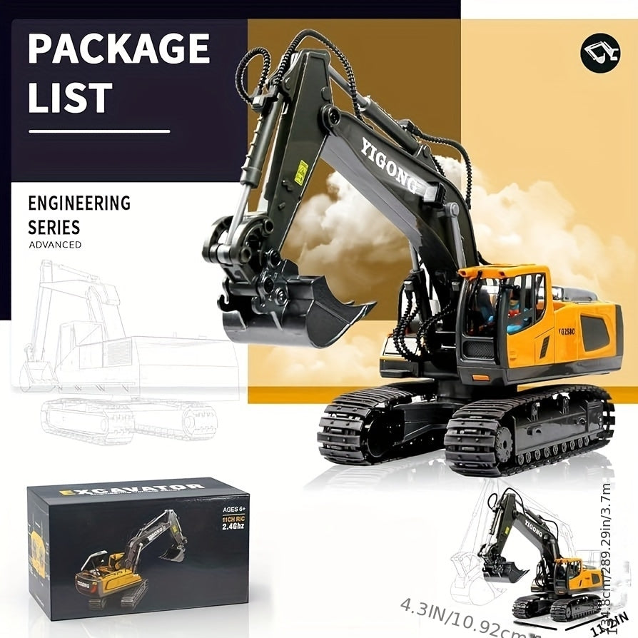 Remote Control Excavator Toy Set with Metal Shovel, LED Lights, 1200mAh Battery, RC Construction Truck, Bulldozer, Dump Truck, and Loader Combo for Boys Ages 6 and Up, Birthday or Christmas Gift