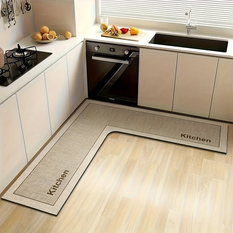 厨房地垫防滑超细纤维地毯 – 带“Kitchen”字样抗疲劳机洗厨房地垫，适用于厨房、玄关和餐厅的柔软缓冲站立垫，驼色与深灰色