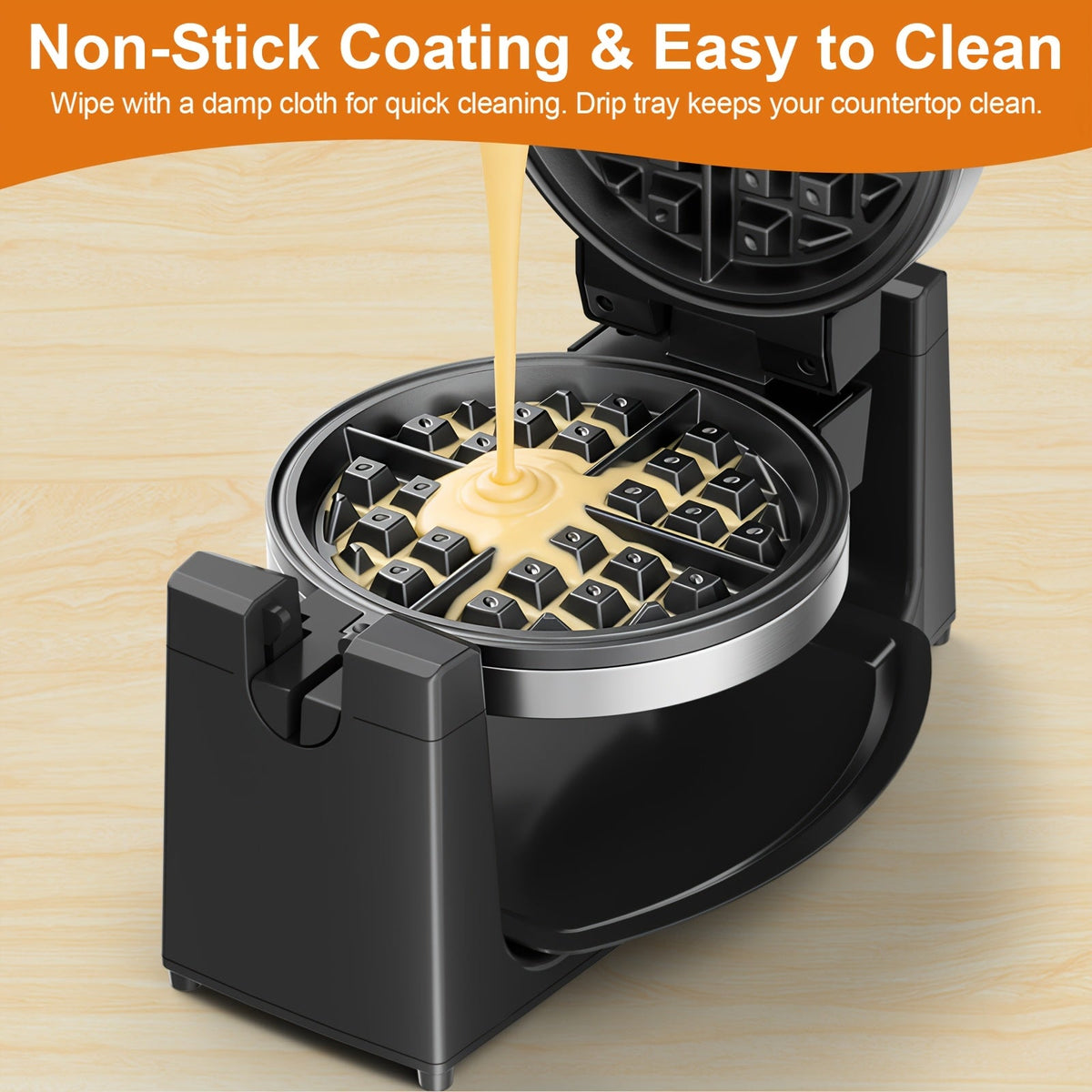 Rotating Belgian Waffle Maker - 180° Flip Waffle Iron, Non-Stick Plates, Adjustable Browning Control, Foldable Cool-Touch Handle, Removable Drip Tray, Space-Saving Stainless Steel Design - Silver & Black Double Iron