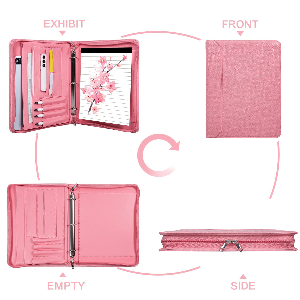 Vegan Leather Portfolio Binder, 3-Ring Zippered A4 Legal Document Organizer with Laptop Pocket for Women and Men