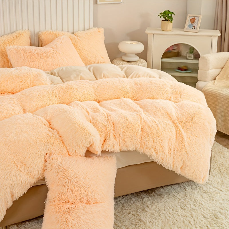 Plush Duvet Cover Set 3 Piece, Long Hair Knitted Polyester, Solid Color Fuzzy Comforter Cover with Zipper Closure, All-Season Soft Cozy Bedding Set for Bedroom, Multiple Colors Available