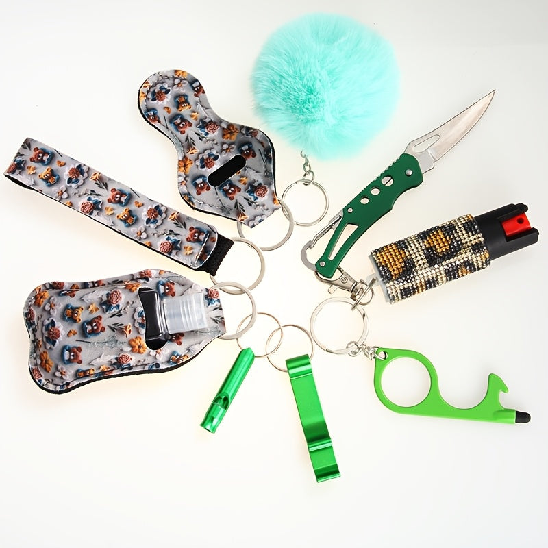 Women's Personal Safety Keychain Set with Whistle, Pocket Knife, and Spray, Compact Self-Defense Accessories for Daily Outings, Holiday, Birthday Gift, 6 Colors