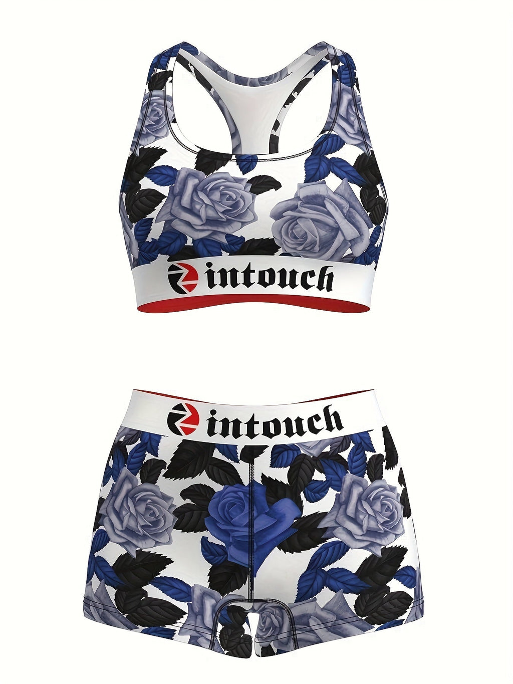 Women's Blue Rose Floral Print Sports Bra & Shorts 2-Piece Set – Stretchy Activewear for Gym, Yoga, Running, and Fitness; Matching Loungewear for Teens; Summer Festival Vintage Style