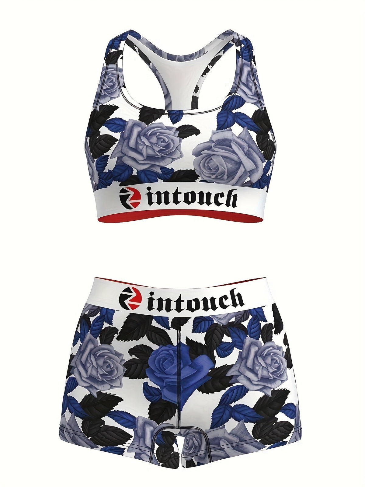 Women's Blue Rose Floral Print Sports Bra & Shorts 2-Piece Set – Stretchy Activewear for Gym, Yoga, Running, and Fitness; Matching Loungewear for Teens; Summer Festival Vintage Style