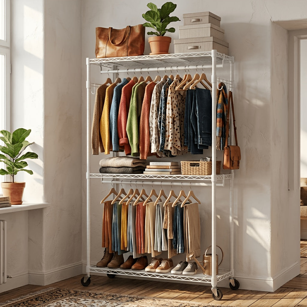 Heavy Duty Rolling Clothes Rack Adjustable Double Rods – Metal Freestanding Closet Organizer with Wheels & Side Hooks for Hanging Clothes