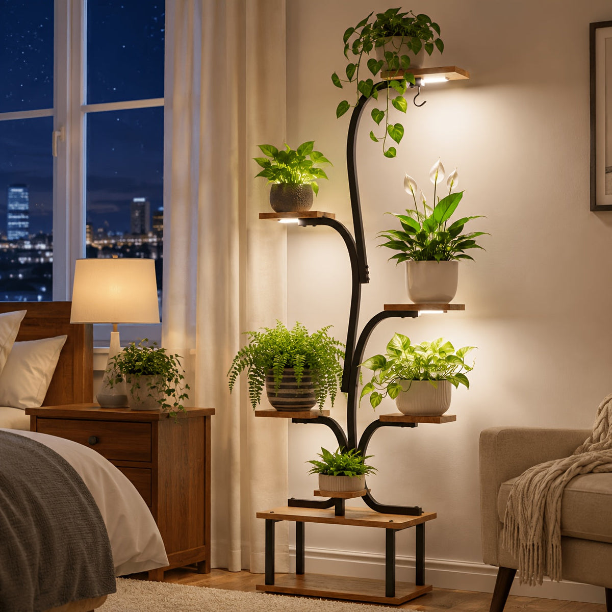 8-Tier Indoor Plant Stand with Grow Lights – Tall Metal Plant Rack with Wooden Shelves Full Spectrum LED Timer for Living Room Bedroom Balcony