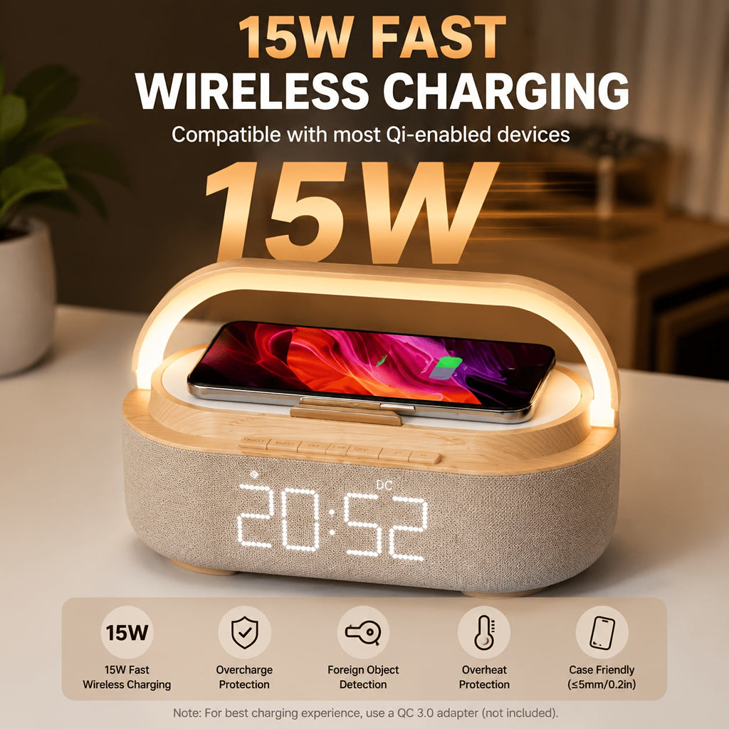 Wireless Charging Alarm Clock Radio with Bluetooth Speaker FM Radio & LED Night Light for Bedroom – Wood Finish
