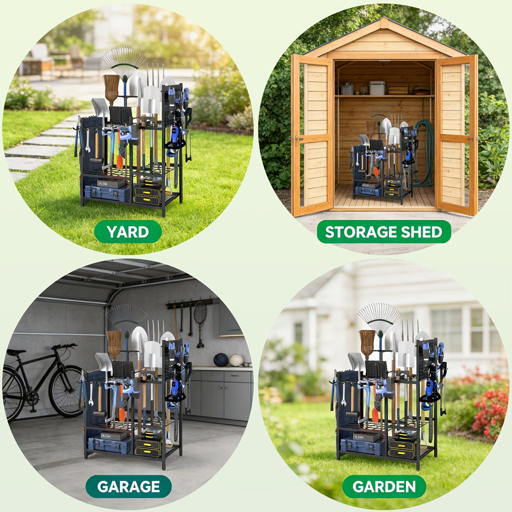 Heavy Duty Metal Garden Tool Organizer Rack 3-Tier with Storage Bags Long-Handle Holder for Broom Shovel & Rake – Outdoor Garage Yard & Workshop Space-Saving Black
