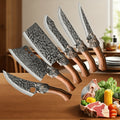 7-Piece Professional Chef Knife Set - Hand-Forged Damascus-Style Blade, Brown Wood Handle, Ergonomic Grip - Chef, Boning, Fish, Butcher Knife + Scissors - Meat, Fish, Vegetables & Fruits - Home & Professional Kitchen Gift