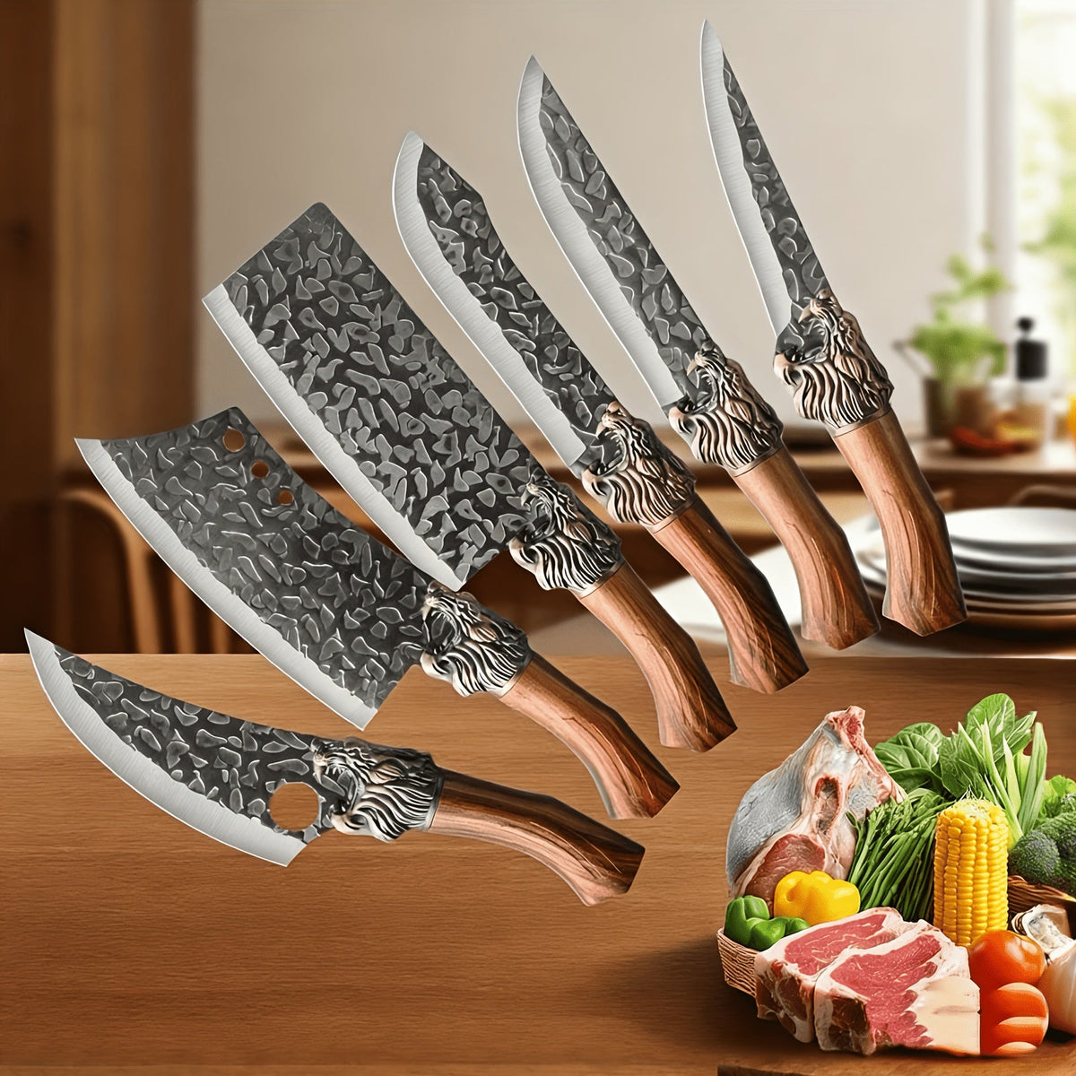 7-Piece Professional Chef Knife Set - Hand-Forged Damascus-Style Blade, Brown Wood Handle, Ergonomic Grip - Chef, Boning, Fish, Butcher Knife + Scissors - Meat, Fish, Vegetables & Fruits - Home & Professional Kitchen Gift