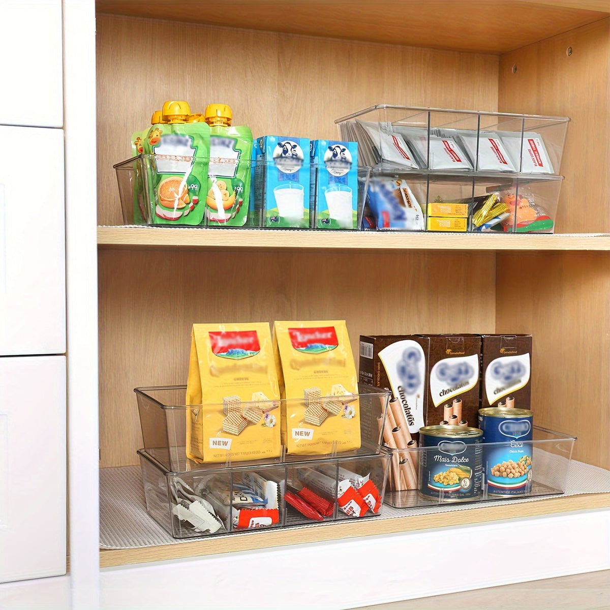 Clear Pantry Organizer Bins, Set of 6 Plastic Food Storage Containers for Kitchen, Fridge, Cabinet, Snack, Spice, and Condiment Pouch Organization