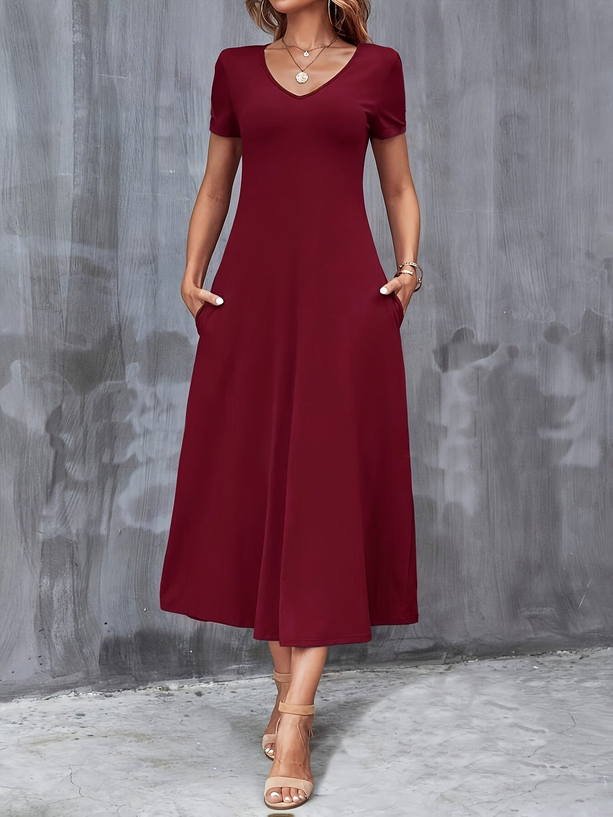 V-Neck A-Line Dress with Pockets, Women's Short Sleeve Casual Solid Color Knit Stretch, Machine Washable, Blue, Black, Navy, Burgundy, Olive, Dark Green, S, M, L, XL, XXL