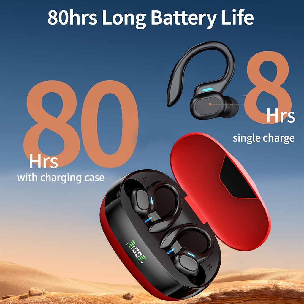 True Wireless Earbuds (TWS) with Mic - Sport Earhook, Stereo In-Ear Headphones with LED Display Charging Case for Running & Sports - Red & Black