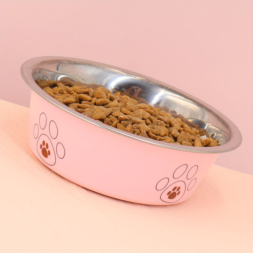 Stainless Steel Dog Bowl with Cute Footprint Pattern, Durable Non-Slip Pet Food and Water Bowl for Dogs, Indoor and Outdoor Use, Sizes S M L XL, Colors Beige Pink Blue