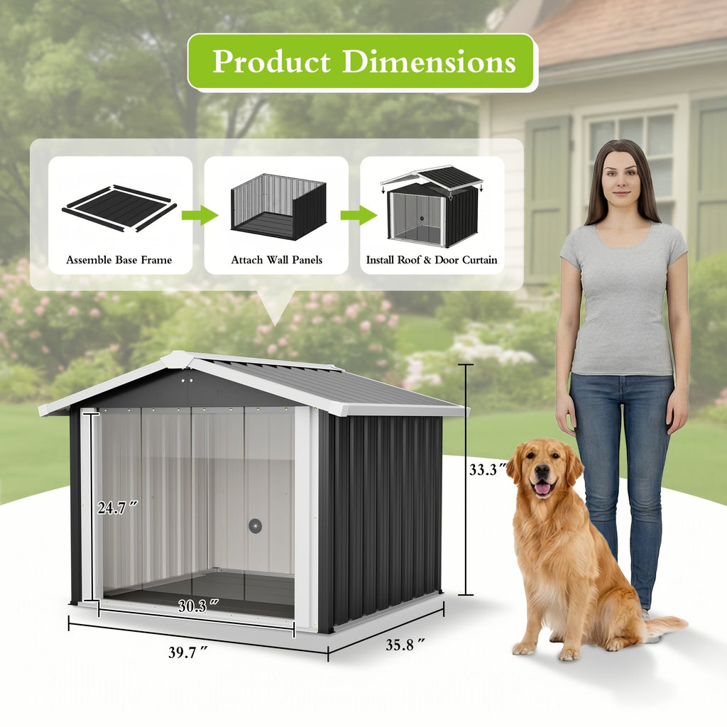 2-in-1 Metal Dog House & Storage Shed 39.7" x 35.8" x 33.3" Weather-Resistant Sloped Roof Elevated Floor Ventilation & PVC Door for Medium to Large Dogs – 30-Min Assembly
