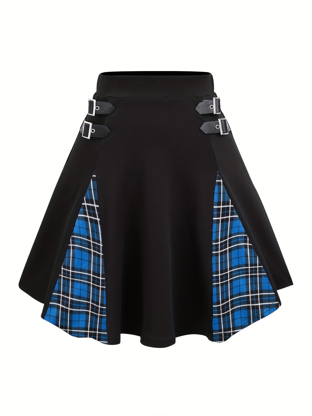 Gothic Plaid Buckle High-Waisted A-Line Mini Skirt Women's Y2K Gingham Color Block Knit Skirt Black Gray Red Blue Purple S M L XL XXL