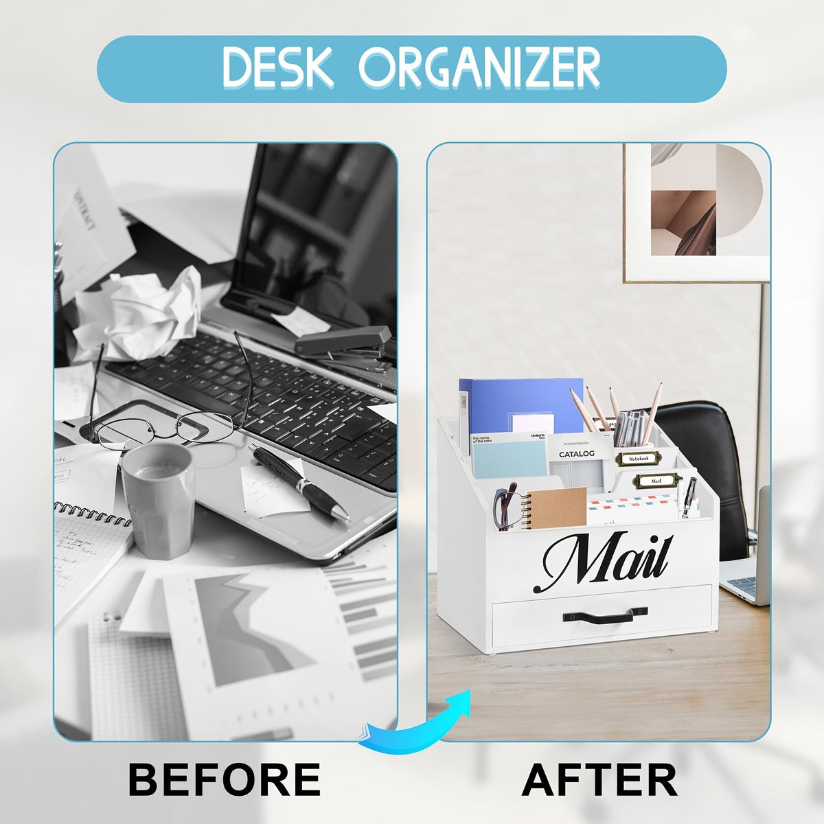 Large Solid Wood Desktop Mail Organizer with Drawer and 4 Compartments, Labelable Dividers for Files, Letters, and Paper Folders, Desk Organizer for Home Office, Students, and Professionals